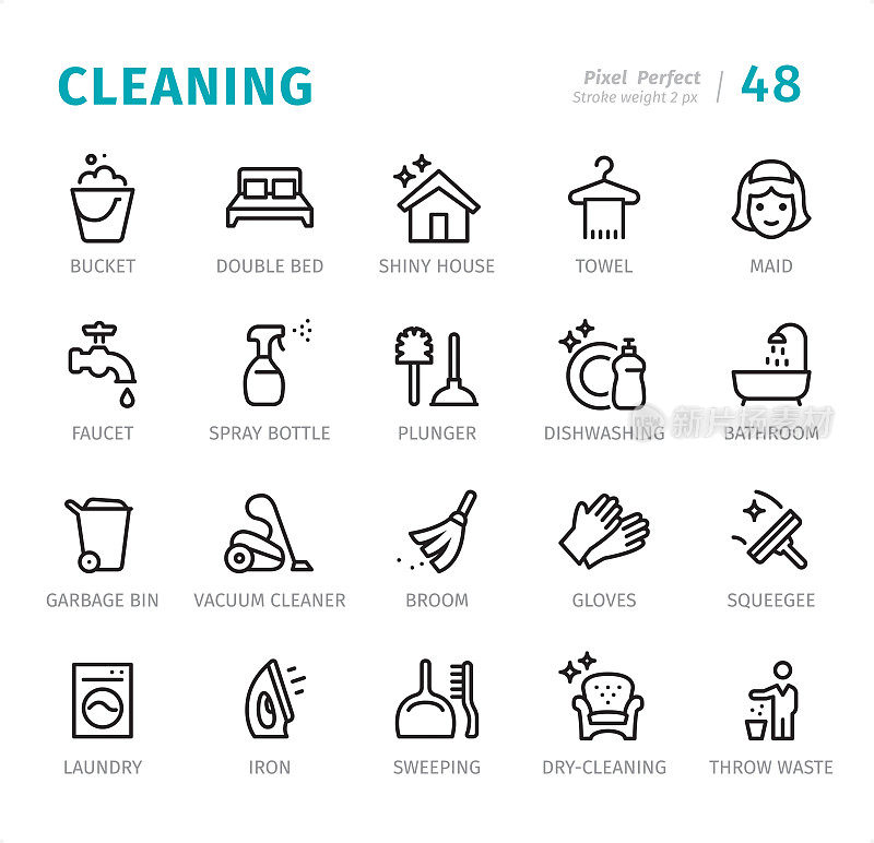 Cleaning - Pixel Perfect line icons with captions